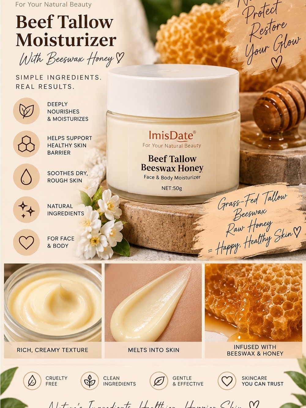 Beef Tallow Beeswax Honey Face & Body Moisturizer — Cream